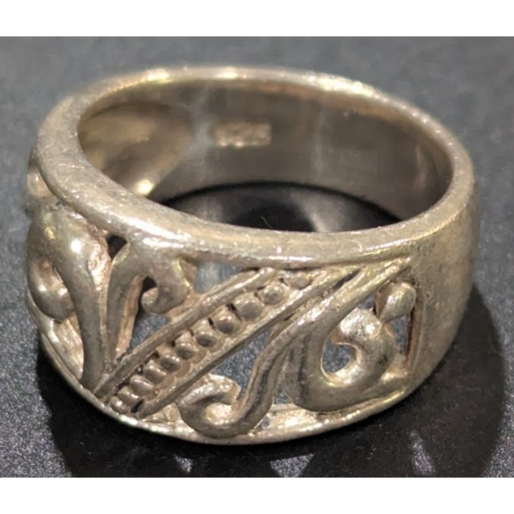 Vintage Sterling Silver Filigree Band Ring 925 Openwork Scroll & Leaf Pattern - Picture 5 of 9